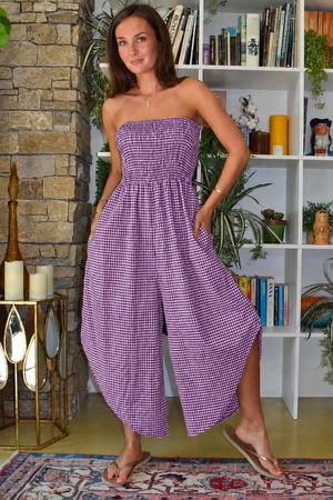 Arbi Gingham Shirring Bandeau Jumpsuit Aubergine